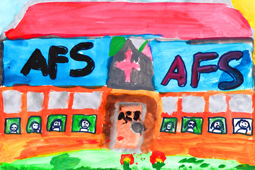 Ein mit Wasserfarben gemaltes Bild zeigt ein Schulhaus, auf dem die Buchstaben AFS zu lesen sind.