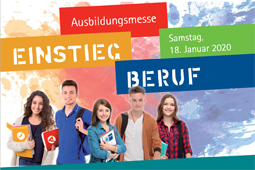 Auf dem Banner der Messe sind fünf Jugendliche zu sehen sowie der Schriftzug Ausbildungsmesse Einstieg Beruf.