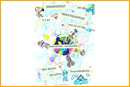 Plakat zur Veranstaltung Sommerfest der Bregtalschule. Gestaltete Collage mit Motto, Datum und Uhrzeit der Veranstaltung.